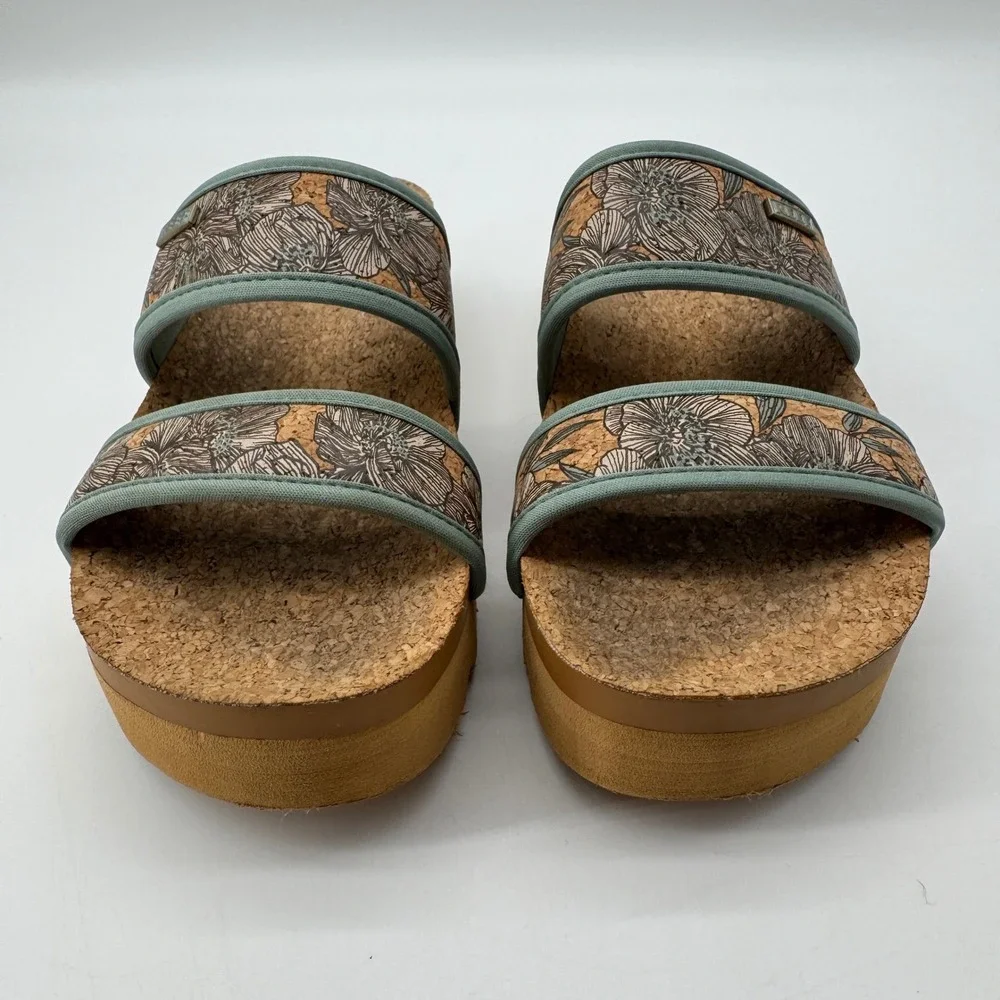 Reef Cushion Vista Hi Sandals 8 Floral Cork Platform Slides Sage Granola Earthy
